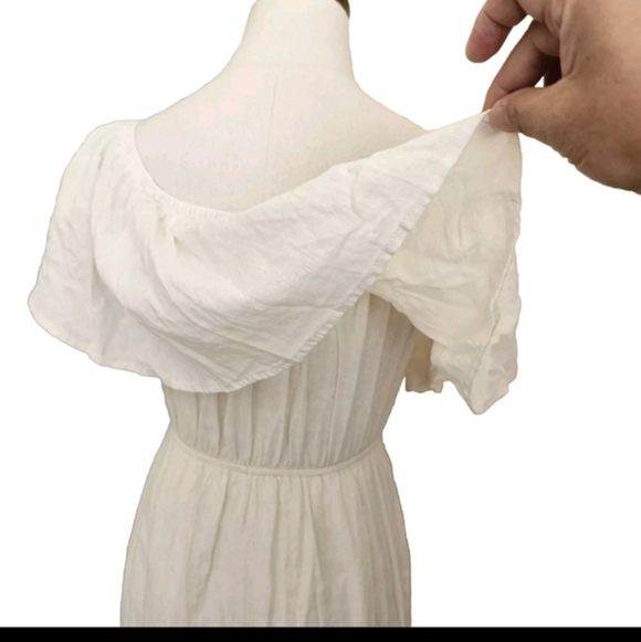 Audrey 3+1 Linen Blend Boho Wide Leg Off Shoulder Ruffle Ivory White Jumpsuit, S - Picture 6 of 15